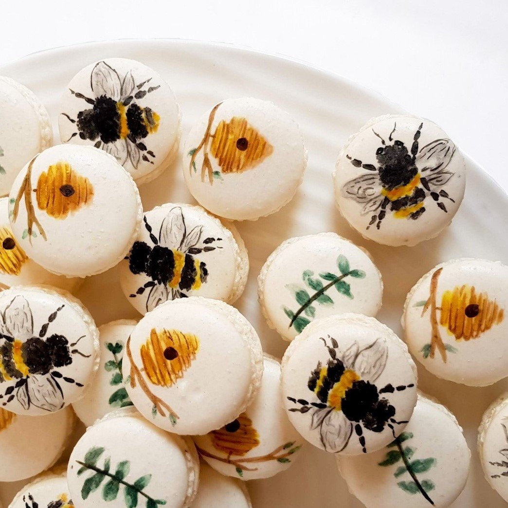 Bee painted macarons, hive, honey