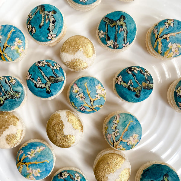 Handpainted Van Gogh Almond Blossom Inspired Macarons.