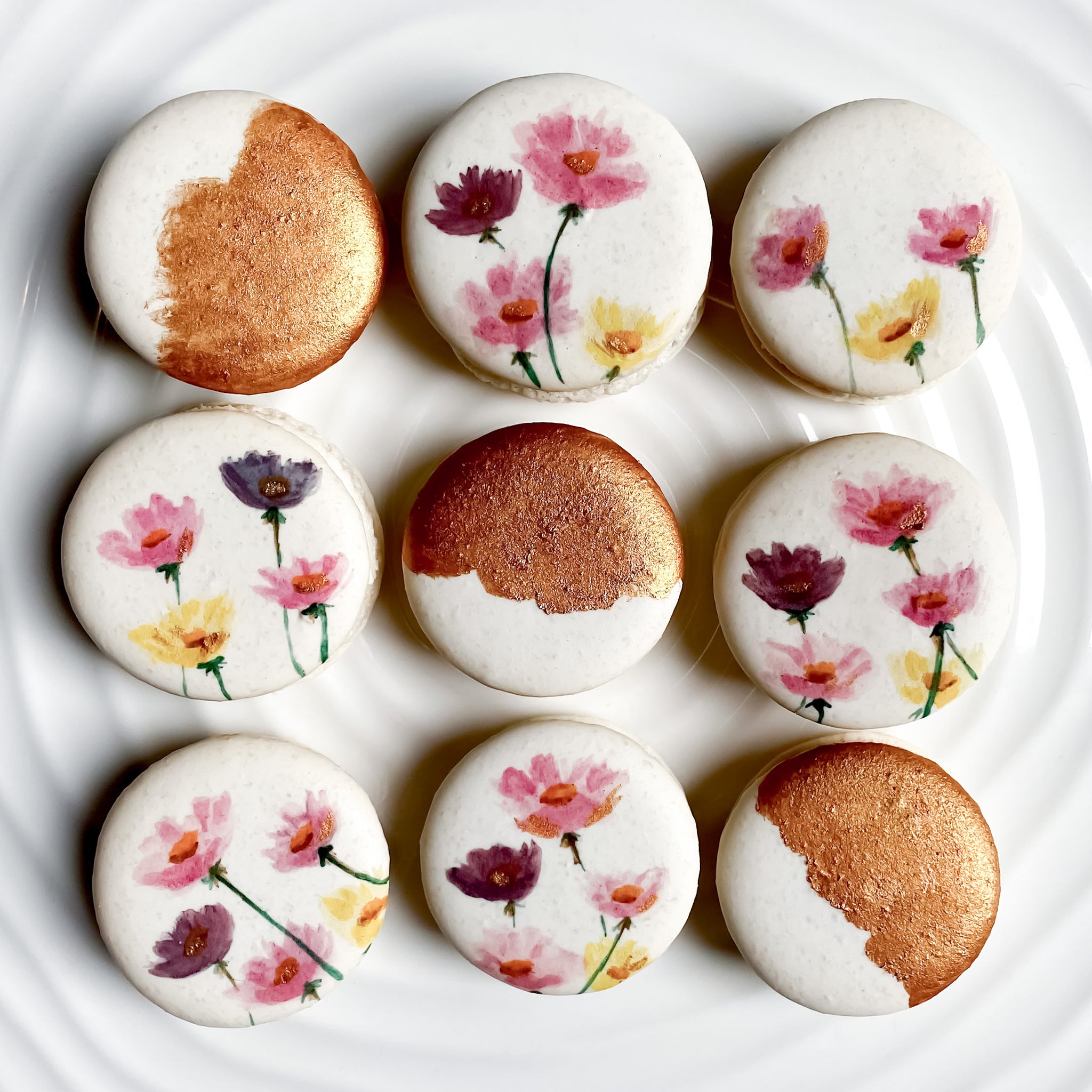 Cosmos flower painted macarons