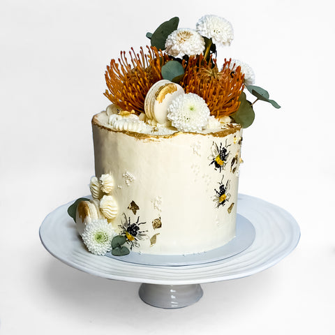 Bee Themed Cake, Macarons, Pincushion flowers